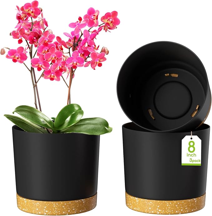 ZMTECH Planters for Indoor Plants, Plant Pots & Flower Pots, Plastic Plant Spring 3 Pack 8 Inch Self Watering Planter with Drainage Hole and Saucer, Modern Decorative for Indoor Outdoor, Dark Gray