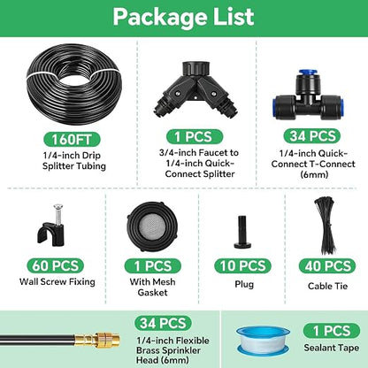 160Ft 1/4" Drip Irrigation System for Garden – 34 Adjustable Copper Nozzles, Automatic Atomizing Sprinkler System for Outdoor Plants Raised Bed, Yard, Potted Plants & Lawn
