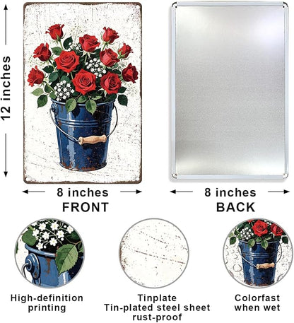 Red Rose Bouquet Metal Tin, Garden Sign | Vintage Garden Wall Art for Home Porch Garden Yard Indoor Outdoor Wall Decor,Gardening Gifts for Red Rose Lovers