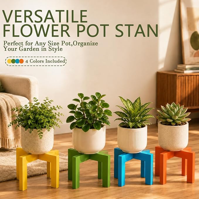 Amyhill 4 Pcs Wood Plant Stand Indoor Large Mid Century Modern Planter Stand Stable Sturdy Plant Holder Rustic Wooden Single Flower Stool Pot Holder Fit 5-15 Inch Pot for Indoor Lawn Garden Patio