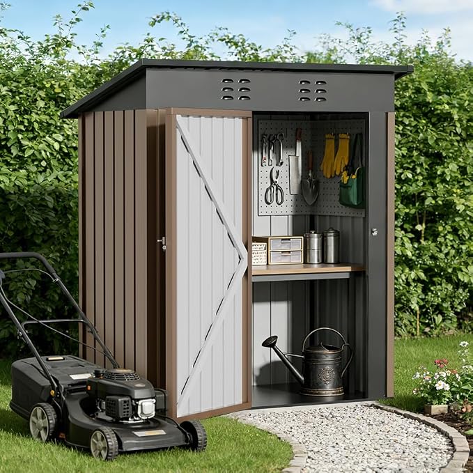 COMHOMA Shed Outdoor Storage Shed Metal,Lockable Doors Tool Sheds with Sloping Roof,Steel Garden Shed with Air Vent for Backyard,Patio,Lawn,Poolside(Brown,5'*3')