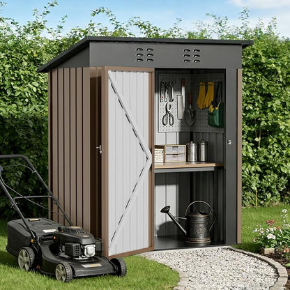 COMHOMA Shed Outdoor Storage Shed Metal,Lockable Doors Tool Sheds with Sloping Roof,Steel Garden Shed with Air Vent for Backyard,Patio,Lawn,Poolside(Brown,5'*3')