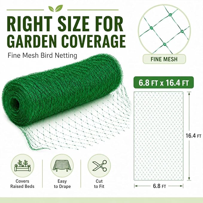 Garden Netting, 6.8 x 16.4 FT Bird Netting for Garden Plant Protection, Reusable Fine Mesh for Fruit Trees, Vegetable Plants, Blueberry Bushes, Raised Beds, Chicken Coop (6.8x16.4ft)