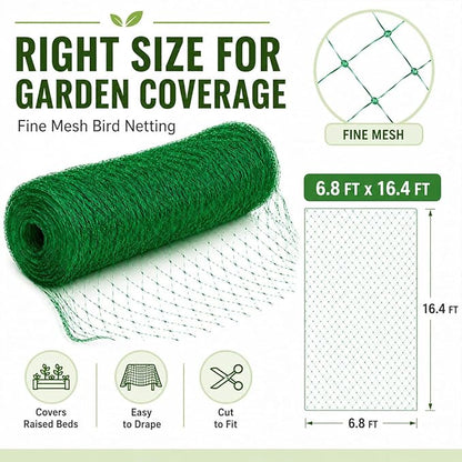 Garden Netting, 6.8 x 16.4 FT Bird Netting for Garden Plant Protection, Reusable Fine Mesh for Fruit Trees, Vegetable Plants, Blueberry Bushes, Raised Beds, Chicken Coop (6.8x16.4ft)