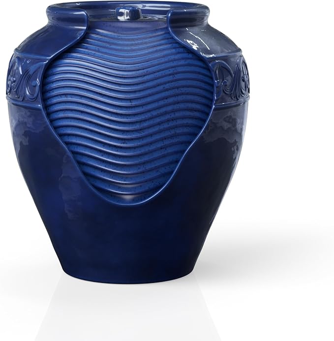 Teamson Home 16.96 in. Outdoor Glazed Pot Water Fountain with LED Lights, Built-in Pump to Create a Calming Oasis in Gardens, Landscaping, Patios, Balconies, Lawns, Royal Blue | Glazed Pot Ceramic Look, LED Lights & Pump, Cascading Zen Fountain, For Ba...