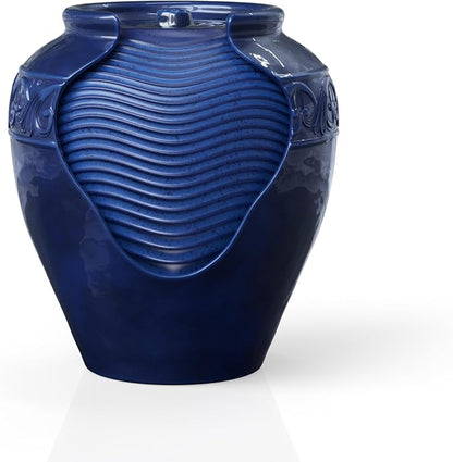 Teamson Home 16.96 in. Outdoor Glazed Pot Water Fountain with LED Lights, Built-in Pump to Create a Calming Oasis in Gardens, Landscaping, Patios, Balconies, Lawns, Royal Blue | Glazed Pot Ceramic Look, LED Lights & Pump, Cascading Zen Fountain, For Ba...