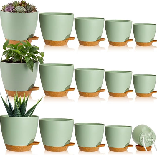 Remerry 15 Pcs 7/6.5/6/ 5.5/5 Inch Self Watering Planters with Drainage Hole Plant Pots Plastic Flower Pots Self Watering Pot and Saucer Reservoir for Garden Plant Flower(Green)
