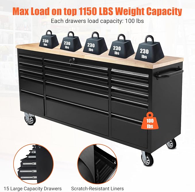 72-Inch Heavy-Duty Rolling Tool Chest & Mobile Workbench with 15 Drawers, Steel Storage Cabinet with Rubber Wood Top, Key Lock, Drawer Liners and Wheels for Garage, Workshop, Black