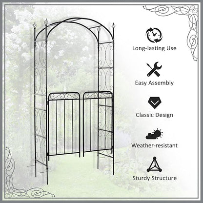 Outsunny 84" Garden Arch Arbor with Gate, Metal Arch Trellis, Garden Archway for Climbing Vines, Wedding Ceremony Decoration, Flourishes & Arrow Tips, Black