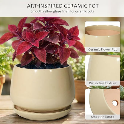 10.3 Inch Ceramic Planter with Saucer,Modern Garden Pots with Drainage Hole Mesh Net, for Indoor Outdoor Use (Pink Yellow)