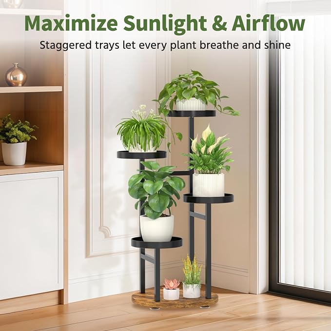 LASZOLA 4 Tier Metal Plant Stand for Indoor Corner, Heavy Duty Wooden Flower Holder Rack for Mutiple Plants, Planter Display Shelf for Patio Garden Balcony Living Room, Black