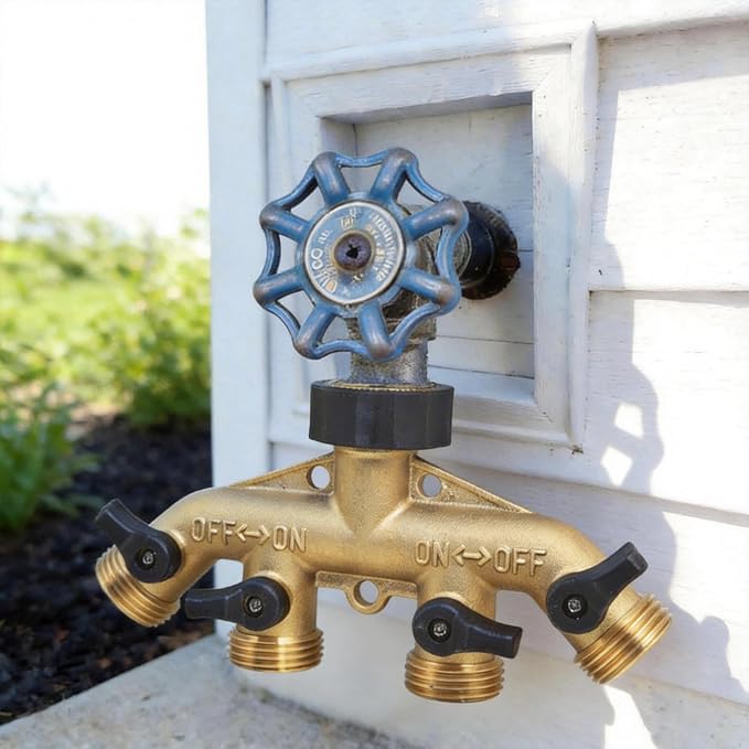 ‌VANCOCO 4 Way Garden Hose Splitter, 3/4" Heavy Duty Solid Brass Hose Splitter With 4 Shut-off for Outdoor Faucet & Garden Hose