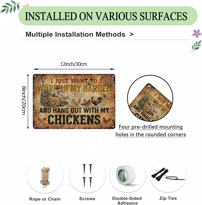 Funny Garden Metal Signs, Vintage Outdoor Wall Decor 12x8 Inch | Work in My Garden With Chickens, Weatherproof Aluminum Sign for Patio Yard Greenhouse, Gift For Gardeners
