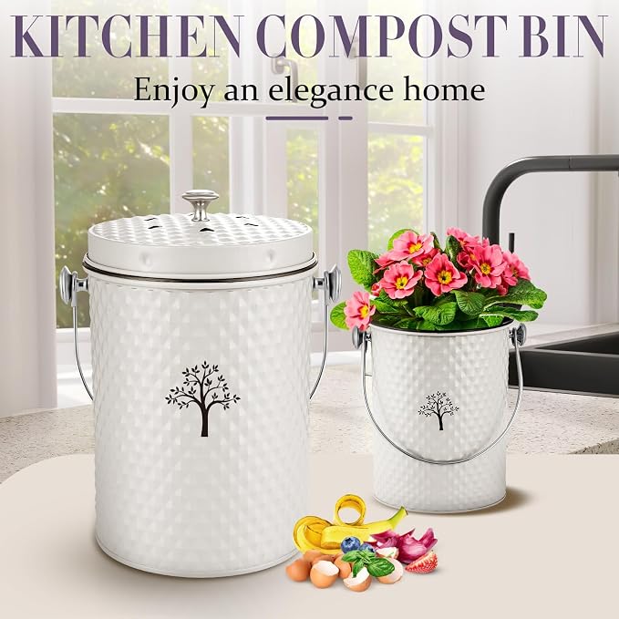 AOSION Countertop Kitchen Odorless Compost Bin with Removable Inner Bucket | 1 Gallon Composter Container,Includes 50 Compost Bags,2 Carbon Filters,Compost Bucket, ideal for food scraps,coffee grounds