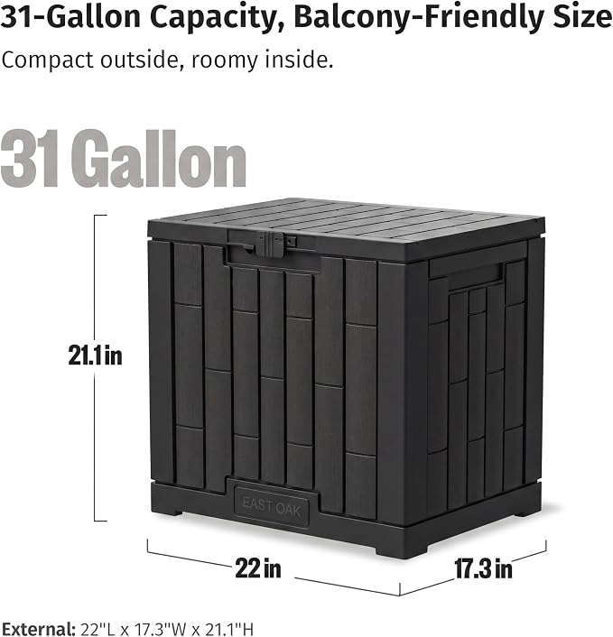 EAST OAK 31 Gallon Outdoor Storage Box, Waterproof Deck UV-Resistant Resin Bin for Patio Cushions, Garden Tools, Accessories & Package, Lockable Wind-Resistant Lid, Steel-Reinforced, Black
