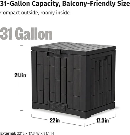 EAST OAK 31 Gallon Outdoor Storage Box, Waterproof Deck UV-Resistant Resin Bin for Patio Cushions, Garden Tools, Accessories & Package, Lockable Wind-Resistant Lid, Steel-Reinforced, Black