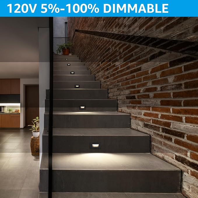 LEONLITE 6-Pack 5CCT 120V LED Step Lights, Horizontal, Black | 150LM, 5%-100% Dimmable, CRI90, ETL, Indoor Outdoor Stair Lights, Wet Location, 2700K/3000K/3500K/4000K/5000K, Aluminum