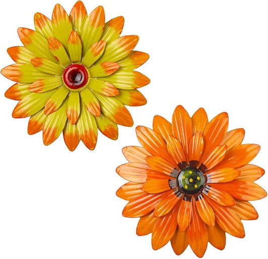 Outdoor Metal Wall Art Decor, 2 Pack 8 Inch Sunflower Wall Decorations, Hanging Outdoor wall Decor, Handmade Metal Flowers for Outdoor Outside Indoor Decor,Orange