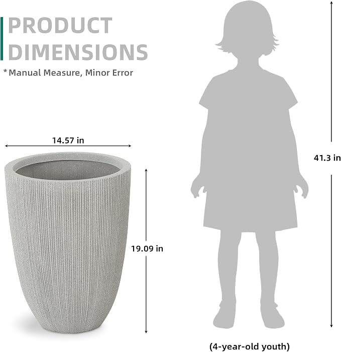 19" Mediterranean Beige Resin Tall Planters with Fluted Texture | Set of 2 resin tall planters with beige fluted texture, drainage plugs, and UV-resistant finish for porch, patio, or indoors