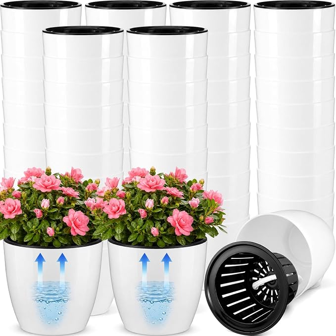 54 Pcs Self Watering Pots, 3.5 Inch Plastic Flower Plant Pot with Inner Pot Self Watering Wick Planter White Clear Flower pots for Indoor House Plants Herbs, Flowers, Succulents(White Black)