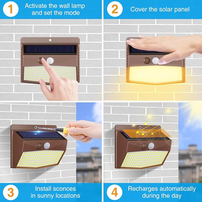 Peasur Solar Outdoor Lights, [2 Packs] Motion Sensor Security Lights with 3 Lighting Modes Wall Lights Waterproof Solar Powered Lights for Garden Yard, Brown Warm