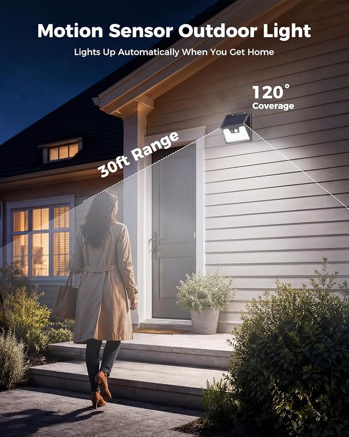 Peasur 140LED Solar Powered Lights Outdoor Waterproof, 3 Packs Motion Sensor Light Ultra-Bright, 3 Modes Fence Security Lighting for Outside Yard Wall Deck Step Garden(Cool White)