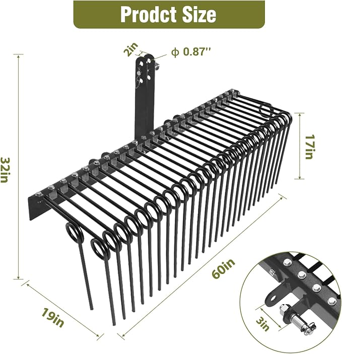 60" Heavy Duty Pine Straw Rake -3 Point Tractor rake with 26 Coil Spring Tines Durable Powder Coated Steel and 3 Point Hitch Receiver Attachment,Yellow