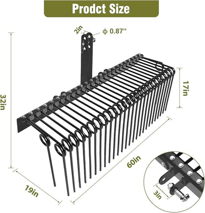 60" Heavy Duty Pine Straw Rake -3 Point Tractor rake with 26 Coil Spring Tines Durable Powder Coated Steel and 3 Point Hitch Receiver Attachment,Yellow