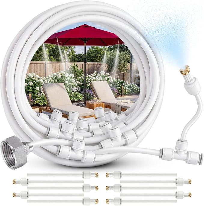 Misting System for Patio, 33 FT Outdoor Misters for Outside Patio Cooling, Fine Mist Mister Kit with Flexible Rod Nozzles, Garden Faucet Setup for Pergola, Garden, Greenhouse, Backyard, White