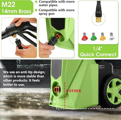Electric Pressure Washer 5000 PSI,4GPM Power Washer with Foam Cannon,Portable Cleaner with 33ft Hose Reel,4 Nozzle Tips,and Soap Bottle for Cars/Home/Driveways/Patios/Decks/Fences (Green)