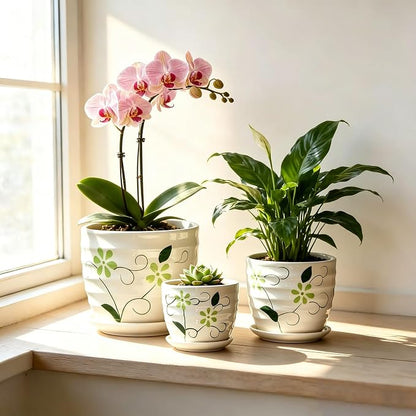 Vintage Flower Pots for Indoor Plant, Round Ceramic Plant Pots with Drainage Holes and Saucers, 6.7/5.2/3.9 Inches Retro Flower Planters Set of 3
