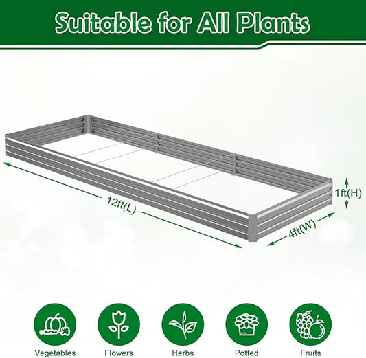 12x4x1FT Galvanized Raised Garden Bed, Metal Planter,Silver,1 Pack | Thick Galvanized Steel, Easy Assembly,Outdoor Patio,Open Bottom,Smooth Surface,Planter Kit for Vegetables, Herbs, Flowers