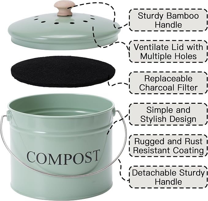 Compost Bin for Kitchen Counter, 1 Gallon Compost Bucket with Lid and Charcoal Filter, Countertop Composter, Rust Proof Indoor Food Waste Bin, Green