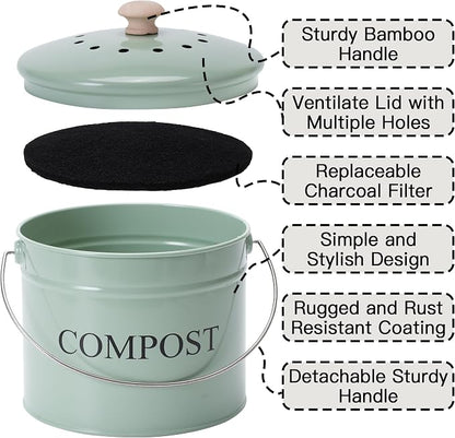 Compost Bin for Kitchen Counter, 1 Gallon Compost Bucket with Lid and Charcoal Filter, Countertop Composter, Rust Proof Indoor Food Waste Bin, Green