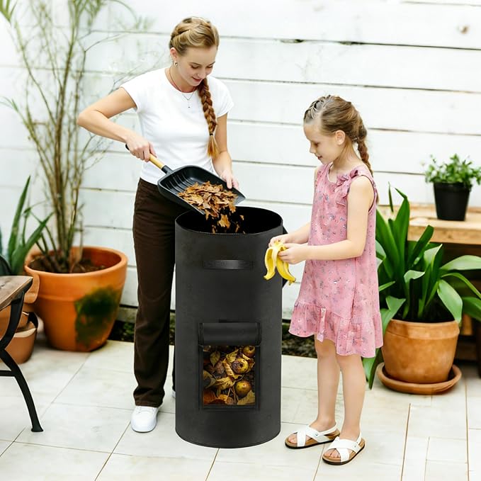 Compost Bin Outdoor with Handles Observation Windows, 34 Gallon | Black Reusable foldable compost bucket compost bag for home garden yard waste, thickened breathable felt material