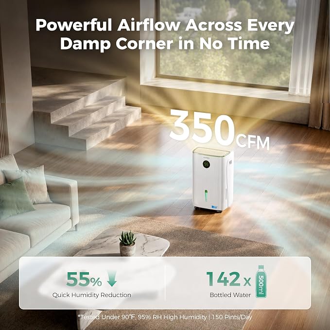 ZAFRO 150 Pints Smart Dehumidifier with Drain Hose Up to 7500 Sq.Ft, 2.11 Gal Large Water Tank, Most Efficient Energy Star 6.0, WiFi Enabled, 6 Modes, Auto Humi, Basement Bedroom Bathroom Dehumidifier