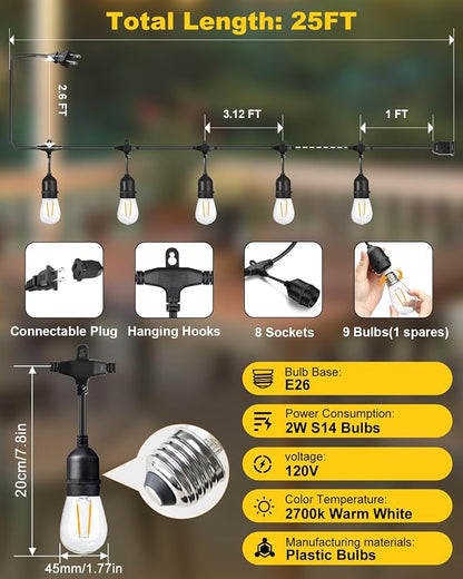 BRIMAX 2W 25FT Outdoor String Light,Commercial Grade with 8+1 S14 LED Bulbs | Patio Lights Shatterproof Waterproof,2700K Warm White E26 Dimmable for Balcony Gazebo Porch Fence Garden Camping