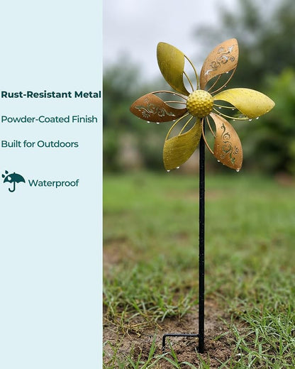 2 Pack 37" Metal Wind Spinners for Yard & Garden, 10" Kinetic Outdoor Garden Spinners, Rust-Resistant Decorative Yard Art (Gold Ornate Laser-Cut Floral)