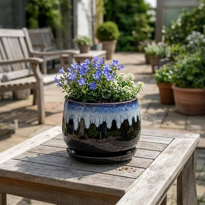 Ceramic Plant Pots 7 Inch - Ceramic Planter with Drainage Hole and Saucer, Decorative Flower Pots for Indoor Plants, Indoor Planter, House Garden Decor, Gifts for Plant Lovers, Black-Blue