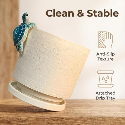 Ceramic Plant Pot with Resin Climbing Tortoise Figure, 5.75 Inch,White | Drainage Hole and Saucer, Cylinder Shape, Indoor Use, Home Garden