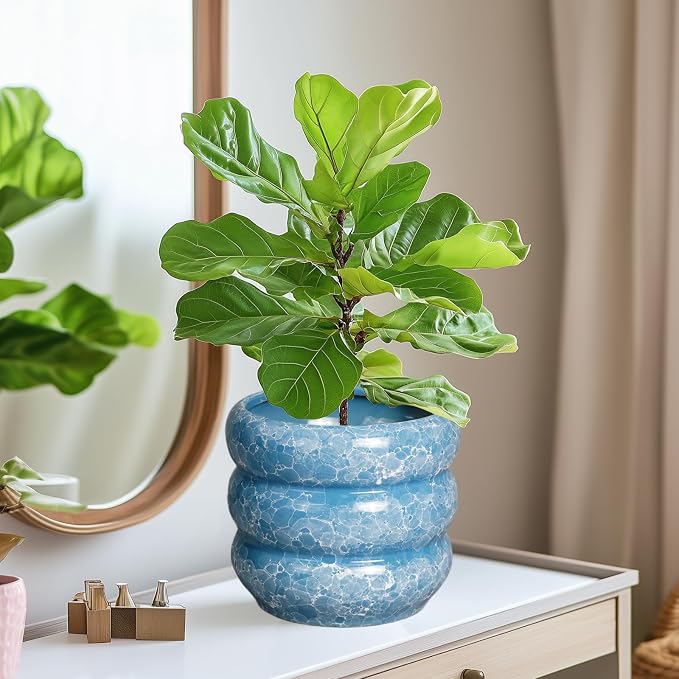 SQOWL 8 Inch Plant Pot with Drainage Hole - Ceramic Pot for Plants Outdoor Planter for Indoor Plants Decorative Plant Pot Medium Flower Pot Round Planter for Bathroom House Decor Blue
