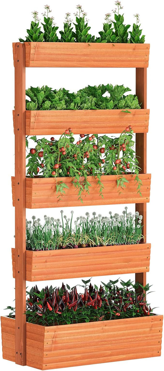 Wooden Raised Garden Bed Vertical Planter Box, Freestanding Plant Stand for Indoor Outdoor Plants, Herbs, Flowers, Vegetables, Gardening (Reddish Brown, 5-Tier，29.9 x 17.9 x 68in)