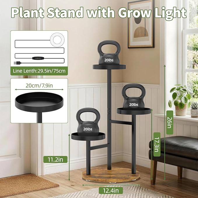 LASZOLA Plant Stand Indoor Corner with Grow Light, Heavy Duty 3 Tier Wooden Flower Holder Rack for Mutiple Plants, Planter Display Shelf for Patio Garden Balcony Living Room, Black