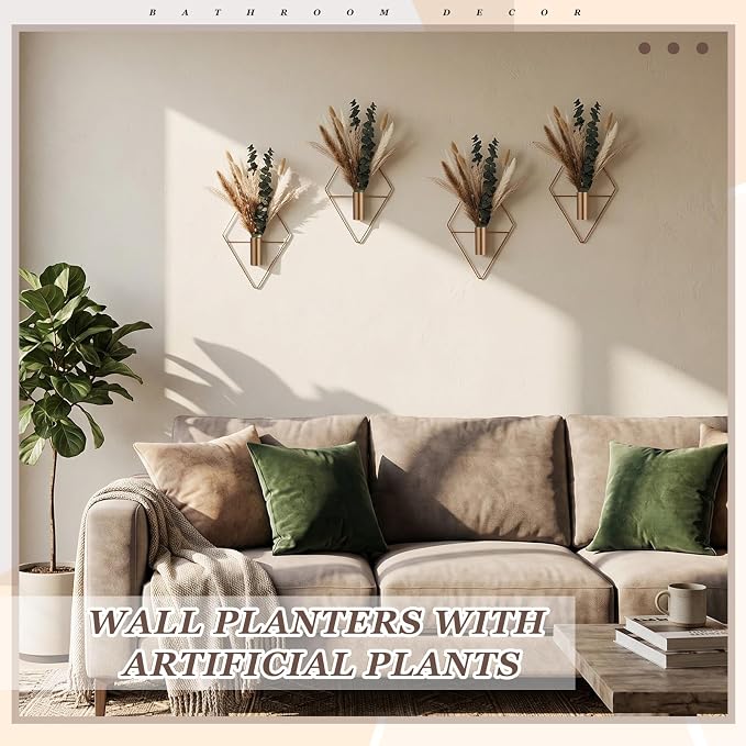 Jexine 8 Pcs Hanging Planters with Artificial Pampas Metal Hanging Vase Indoor Plants Holder Modern Geometric Boho Bathroom Wall Decor for Living Room Home Office(Antique Copper)