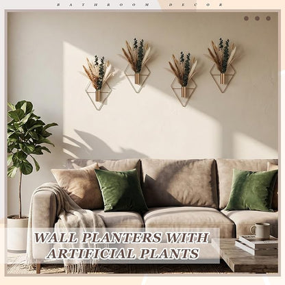Jexine 8 Pcs Hanging Planters with Artificial Pampas Metal Hanging Vase Indoor Plants Holder Modern Geometric Boho Bathroom Wall Decor for Living Room Home Office(Antique Copper)
