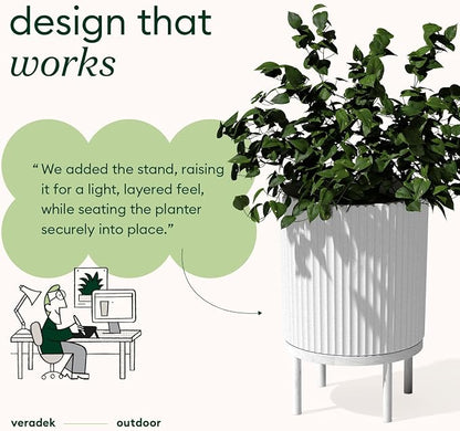 Veradek Demi Series Round Planter w/Stand for Porch/Patio | Durable Plastic-Stone Composite & Wooden Stand | Modern Décor for Tall Plants, Flowers
