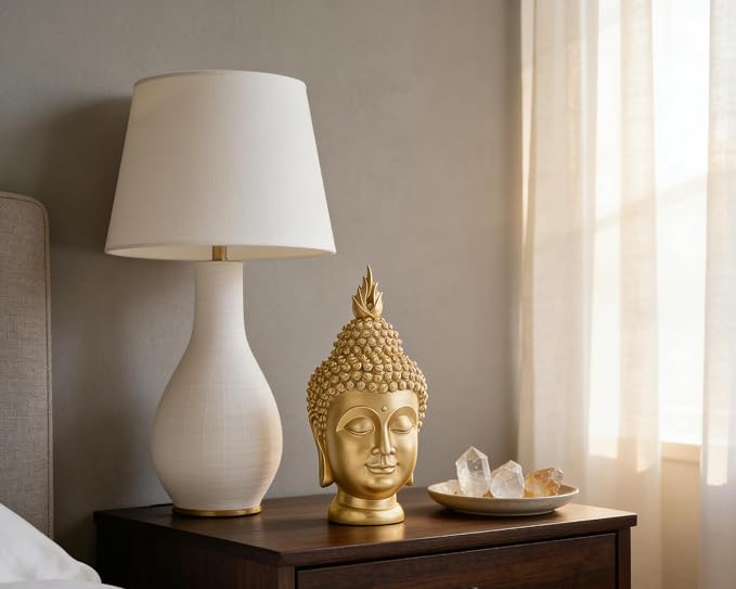 Buddha Head Statue (Gold), Ideal for Zen Space, Spiritual Decor, Buddhism Religious Room Decoration