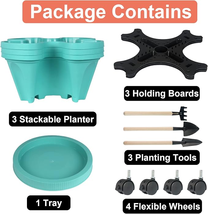 GameXcel Vertical Planter Tower - 3 Tier Stackable Garden Planters with Wheels and Tools Plant Pots for Strawberry Herb Flower and Vegetable Indoor Outdoor Use Teal