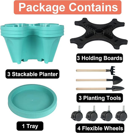 GameXcel Vertical Planter Tower - 3 Tier Stackable Garden Planters with Wheels and Tools Plant Pots for Strawberry Herb Flower and Vegetable Indoor Outdoor Use Teal