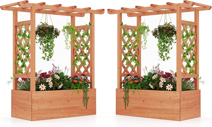 HAPPYGRILL Raised Garden Bed w/Trellis, 2 Wooden Elevated Planter Box w/Hanging Roof, Drainage Holes & Removable Bottom Panels for Climbing Vine Flower, Indoor Outdoor Wood Planter for Yard Patio